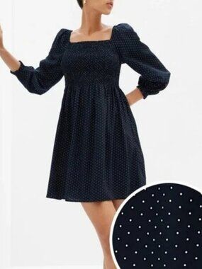 Retro Black Polka-dot Smocked Puff Sleeve Mini Dress